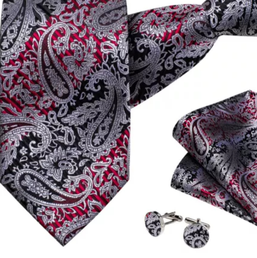 Men's Italian Silk Tie...WITH Pocket Square and Cuff Links. No tying required.